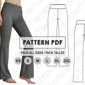 May include: A digital pattern for sewing trousers in sizes XS to 2XL. The pattern includes a line drawing of the trousers and the text "PATTERN PDF PACK ALL SIZES / PACK TALLES".