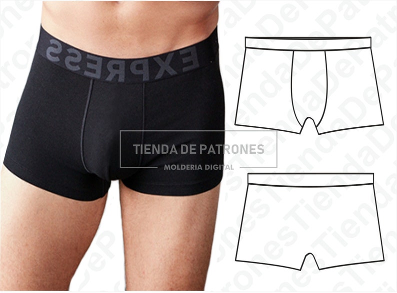 May include: Black boxer briefs with a white elastic waistband that says "EXPRESS" in white letters. The image also includes two line drawings of boxer briefs.