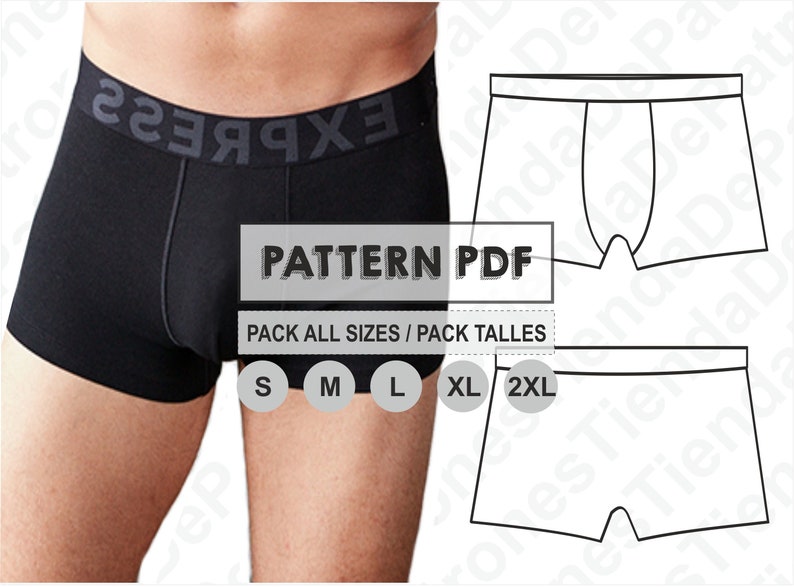 May include: A black and white digital illustration of a men's boxer brief pattern. The pattern includes sizes S, M, L, XL, and 2XL. The text "PATTERN PDF" and "PACK ALL SIZES / PACK TALLES" is included in the image.