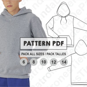 PATTERN Basic Hoodie for Kids, Sewing Pattern, Digital, Pattern PDF, Pack All Sizes 6 - 14, Instant Download