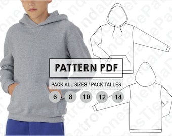 PATTERN Basic Hoodie for Kids, Sewing Pattern, Digital, Pattern PDF, Pack All Sizes 6 - 14, Instant Download
