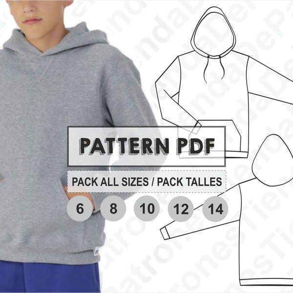 PATTERN Basic Hoodie for Kids, Sewing Pattern, Digital, Pattern PDF, Pack All Sizes 6 - 14, Instant Download