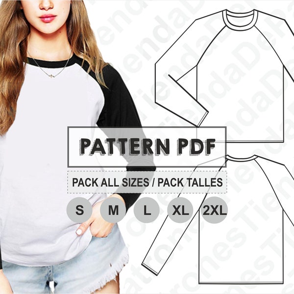 レディース ロングラグランスリーブTシャツの型紙、裁縫パターン、デジタル印刷可能、PDF型紙、Sから2XLまでの全サイズパック。送料無料。