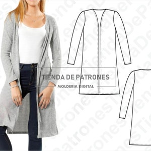 May include: A gray cardigan with a long, open front. The cardigan is shown on a model wearing blue jeans. The image also includes a line drawing of the cardigan pattern.