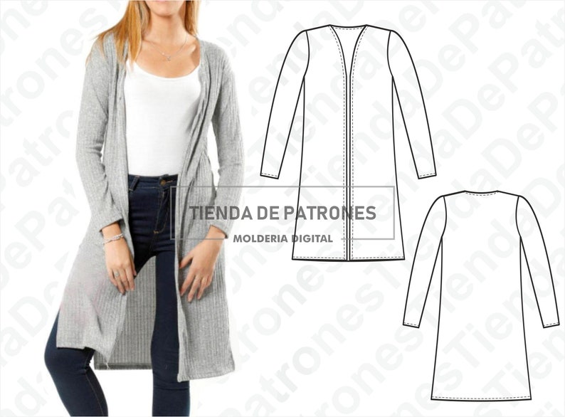 May include: A gray cardigan with a long, open front. The cardigan is shown on a model wearing blue jeans. The image also includes a line drawing of the cardigan pattern.