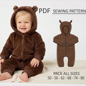 PATTERN Baby Bear Onesie, Teddy Bear Overall, Baby Romper Suit, Sewing Pattern PDF, Pack Sizes 50 to 80, Digital, Instant Download