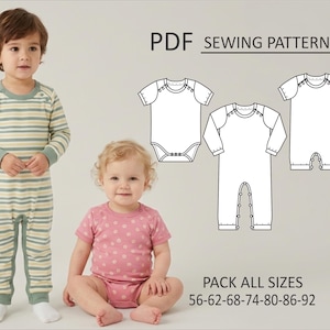 May include: A PDF sewing pattern for children's clothing featuring technical line drawings of a short-sleeve bodysuit, a long-sleeve romper, and a short-sleeve romper. The text reads PDF SEWING PATTERN and PACK ALL SIZES 56-62-68-74-80-86-92.