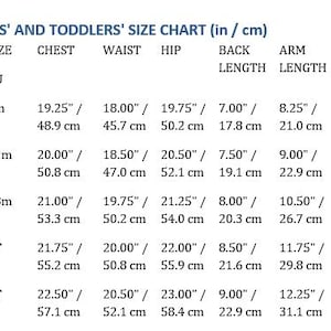 Puede incluir: Tabla de tallas para beb&eacute;s y ni&ntilde;os peque&ntilde;os con medidas en pulgadas y cent&iacute;metros. Incluye medidas de pecho, cintura, cadera, largo de espalda, largo de brazo y cuello para tallas de 6m a 3T. La tabla es clara y legible.