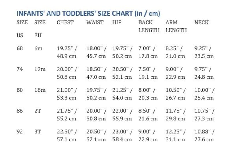 Puede incluir: Tabla de tallas para beb&eacute;s y ni&ntilde;os peque&ntilde;os con medidas en pulgadas y cent&iacute;metros. Incluye medidas de pecho, cintura, cadera, largo de espalda, largo de brazo y cuello para tallas de 6m a 3T. La tabla es clara y legible.