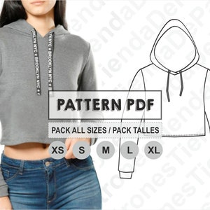 May include: A digital pattern for a cropped hoodie with a drawstring hood. The pattern includes sizes XS, S, M, L, and XL. The pattern is available as a PDF download.