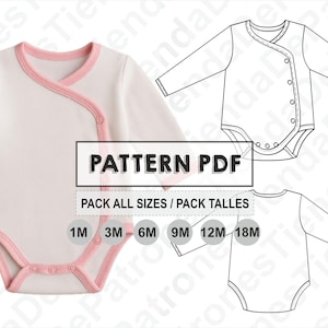 May include: White baby bodysuit with long sleeves and pink trim. The bodysuit has a wrap-style front with snap closures. The image includes a line drawing of the bodysuit and text that reads "PATTERN PDF" and "PACK ALL SIZES / PACK TALLES".