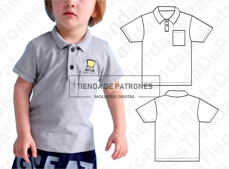Puede incluir: Una camiseta polo gris con un personaje de dibujos animados en el bolsillo. La camiseta tiene cuello abotonado y mangas cortas. La camiseta est&aacute; modelada en un ni&ntilde;o. La imagen tambi&eacute;n incluye un dibujo de l&iacute;nea de una camiseta polo con un bolsillo.