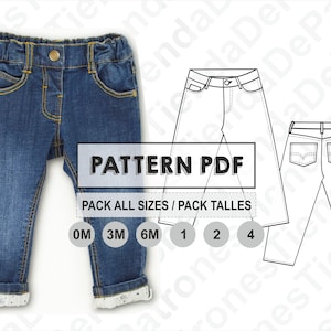 PATTERN Baby denim Pants, Jean Pants for Babies, Sewing Pattern, Digital, Pattern PDF, Pack All Sizes 0m/3m/6m/1/2/4 years, Instant Download image 1