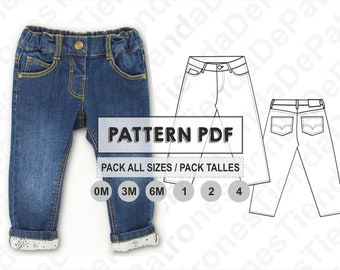 PATTERN Baby denim Pants, Jean Pants for Babies, Sewing Pattern, Digital, Pattern PDF, Pack All Sizes 0m/3m/6m/1/2/4 years, Instant Download