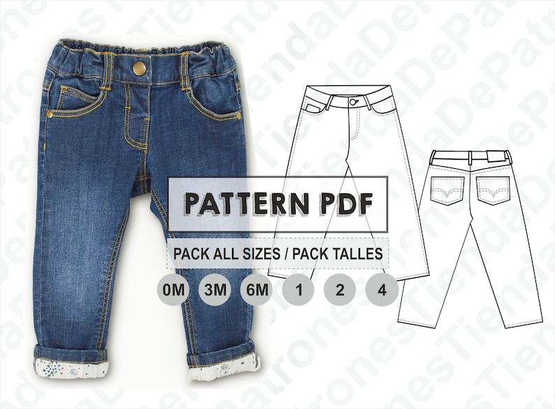PATTERN Baby denim Pants, Jean Pants for Babies, Sewing Pattern, Digital, Pattern PDF, Pack All Sizes 0m/3m/6m/1/2/4 years, Instant Download image 1