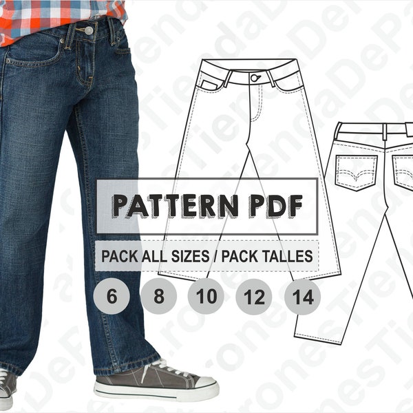 PATTERN Kids Denim Pants, Children Jeans Pants, Pants for Kids, Sewing Pattern, Digital, Pattern PDF, Pack All Sizes 6-14, Instant Download
