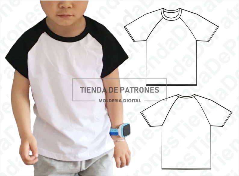 Puede incluir: Una camiseta de b&eacute;isbol blanca y negra con cuello negro y mangas negras. La camiseta se muestra en un modelo infantil. La imagen tambi&eacute;n incluye dos dibujos lineales de una camiseta de b&eacute;isbol, una con manga corta y otra con manga larga. El texto "TIENDA DE PATRONES" y "MOLDERIA DIGITAL" est&aacute; incluido en la imagen.