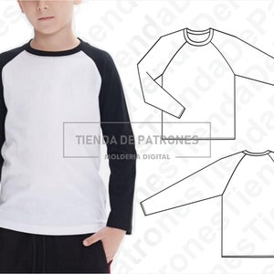 May include: A white long-sleeve shirt with black sleeves and a baseball style design. The shirt has a crew neck and is shown on a model. The image also includes a line drawing of the shirt.