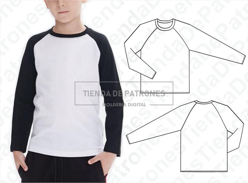 May include: A white long-sleeve shirt with black sleeves and a baseball style design. The shirt has a crew neck and is shown on a model. The image also includes a line drawing of the shirt.