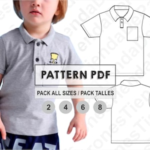 Puede incluir: Un patr&oacute;n de descarga digital para una camiseta polo para ni&ntilde;os. El patr&oacute;n incluye las tallas 2, 4, 6 y 8. La imagen muestra a un ni&ntilde;o usando una camiseta polo gris y un dibujo de l&iacute;nea del patr&oacute;n de la camiseta.