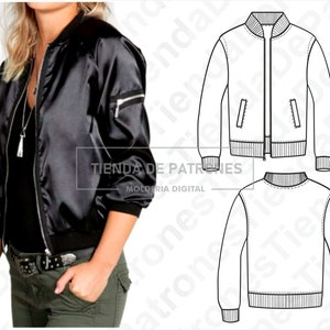 May include: A black satin bomber jacket with a zipper closure and two pockets. A line drawing of a similar jacket is shown next to it.