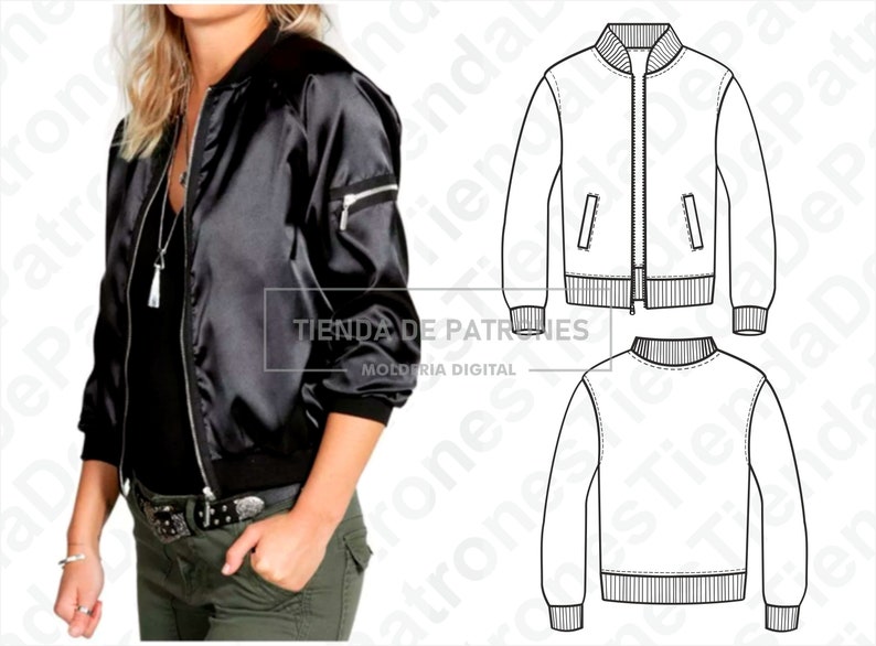 May include: A black satin bomber jacket with a zipper closure and two pockets. A line drawing of a similar jacket is shown next to it.