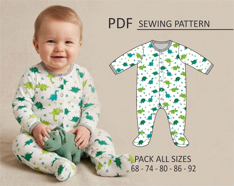 Puede incluir: Un beb&eacute; con un body blanco con estampado de dinosaurios verdes y azules, sosteniendo un juguete de dinosaurio verde. El body tiene mangas largas y cierre de botones. El texto dice "PDF SEWING PATTERN".