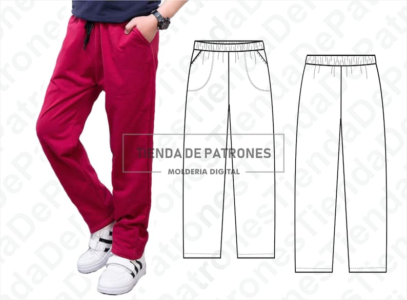 May include: A red pair of sweatpants with a drawstring waist and side pockets. Two line drawings of sweatpants with side pockets are shown below the photo. The text "TIENDA DE PATRONES" and "MOLDERIA DIGITAL" is printed below the drawings.