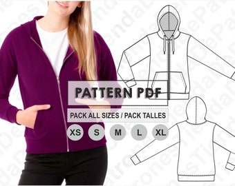 PATTERN Women's Hoodie Jacket, Sewing Pattern, Digital, Pattern PDF, Pack Size XS - Xl, Instant Download