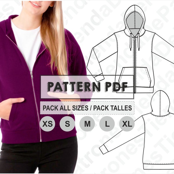 PATTERN Women's Hoodie Jacket, Sewing Pattern, Digital, Pattern PDF, Pack Size XS - Xl, Instant Download