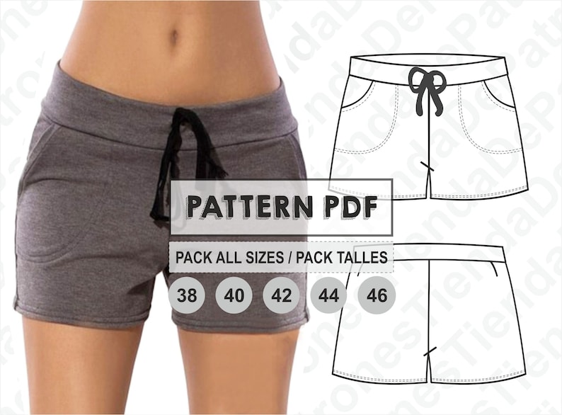 May include: A digital sewing pattern for shorts in sizes 38 to 46. The pattern includes a front and back view of the shorts. The text "PATTERN PDF" and "PACK ALL SIZES / PACK TALLES" is displayed on the image.