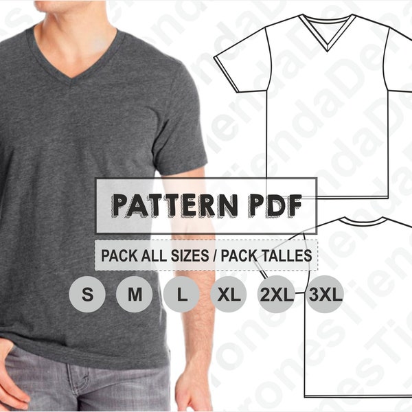 PATTERN T-shirt à col en V pour hommes, Patron de couture, Imprimable numériquement, Patron PDF, Pack toutes les tailles S à 3XL. Téléchargement immédiat