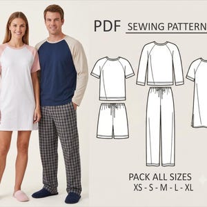 May include: A PDF sewing pattern for sleepwear featuring technical line drawings of a short-sleeve nightshirt, a long-sleeve top, shorts, and long trousers. The pattern includes sizes XS, S, M, L, and XL, displayed alongside a photo of two models.
