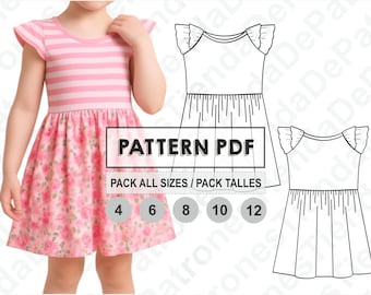 PATRON Vestido Nenas, Vestido para niñas, Patrón de costura, Digital Imprimible, Patron PDF, Pack talles 4 al 12. Descarga Inmediata