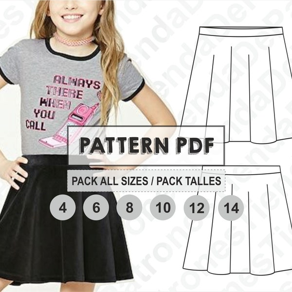 PATTERN Skirt for Girls, pattern for Girls, Sewing Pattern, Digital, Pattern PDF, Pack Size 4 - 14, Instant Download