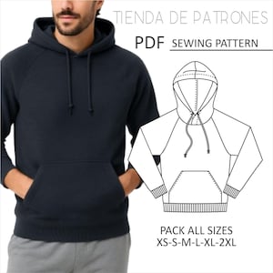 Schnittmuster für einen Herren-Känguru-Hoodie, Nähvorlage, digitaler Druck, PDF-Schnittmuster, alle Größen von XS bis 2XL. Sofortiger Download.