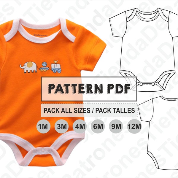 PATTERN Baby Onesie, Romper Suit, Baby One-Piece, Sewing Pattern, Digital, Pattern PDF, Pack All Sizes 1/3/4/6/9/12 months, Instant Download