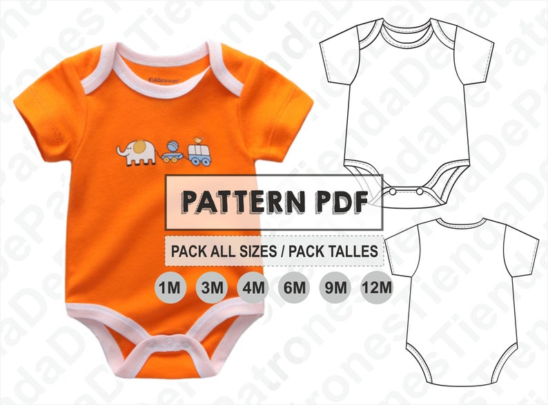 Peut inclure: Un patron de t&eacute;l&eacute;chargement num&eacute;rique pour un body b&eacute;b&eacute; &agrave; manches courtes. Le patron comprend les tailles 1M, 3M, 4M, 6M, 9M et 12M. Le body est orange avec une bordure blanche et pr&eacute;sente un motif de dessin anim&eacute; d'&eacute;l&eacute;phant et de train.