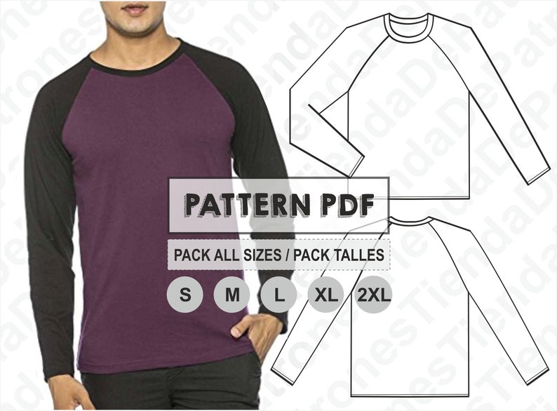 K&ouml;nnte beinhalten: Ein digitaler Download-Schnittmuster f&uuml;r ein lang&auml;rmeliges Baseball-T-Shirt. Das Schnittmuster umfasst die Gr&ouml;&szlig;en S, M, L, XL und 2XL. Das Schnittmuster ist f&uuml;r ein Shirt mit einem schwarzen und violetten Farbschema.