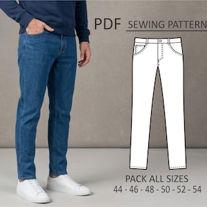 Può includere: Jeans blu in denim con un classico design a cinque tasche. L'immagine presenta anche un modello di cucito PDF per jeans, con taglie 44-54. Il modello indossa scarpe da ginnastica bianche.