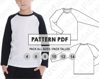 PATTERN T-shirt for Children, Long Sleeve T-shirt Ranglan Kids. Sewing Pattern, Digital, Pattern PDF, Pack Size 4 - 14 . Instant Download