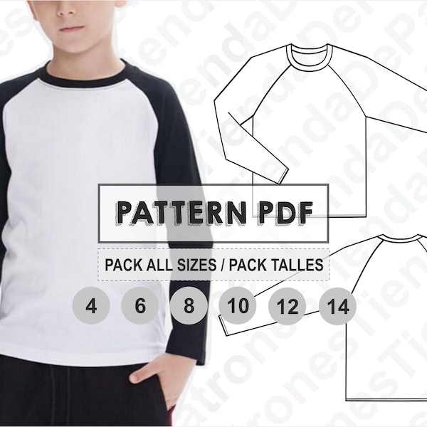 PATTERN Boys' Ranglan Shirt, Sewing Pattern, Digital Printable, PDF Pattern, Pack toutes les tailles 4 à 14. Téléchargement immédiat