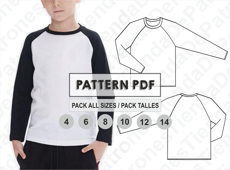 May include: A digital download pattern for a long-sleeve baseball tee shirt for kids. The pattern includes sizes 4, 6, 8, 10, 12, and 14. The pattern is for a white shirt with black sleeves.