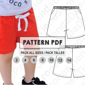 PATTERN Pantaloncini per bambini, pantaloni corti, cartamodello, digitale stampabile, modello PDF, confezione di tutte le taglie da 2 a 14. Download immediato