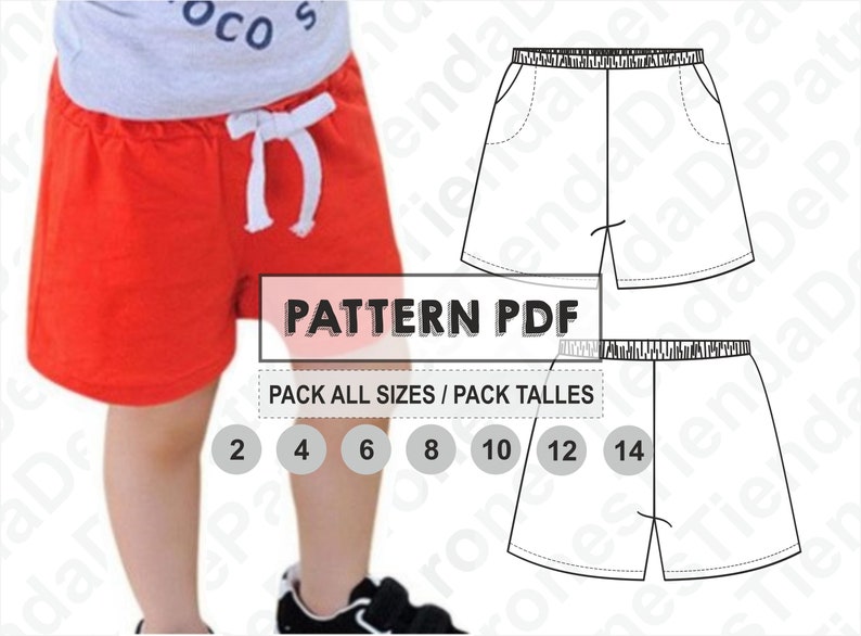 May include: A digital pattern for sewing shorts for children. The pattern includes sizes 2-14. The pattern is shown on a white background with a red pair of shorts on a child model.