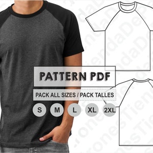 Könnte beinhalten: Ein digitaler Download-Schnittmuster für ein Baseball-T-Shirt. Das Schnittmuster umfasst die Größen S, M, L, XL und 2XL. Der Text "PATTERN PDF" und "PACK ALL SIZES / PACK TALLES" wird auf dem Bild angezeigt.