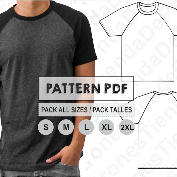 PATTERN Ranglan Sleeve T-Shirt für Herren, Schnittmuster, digital bedruckbar, PDF-Muster, Pack alle Größen S bis 2XL. Sofortiger Download