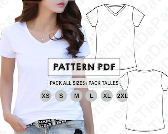 PATTERN T-Shirt Collar V for Womens, Women's T-Shirts, Sewing Pattern, Digital, Pattern PDF, Pack Size XS - 2XL, Instant Download