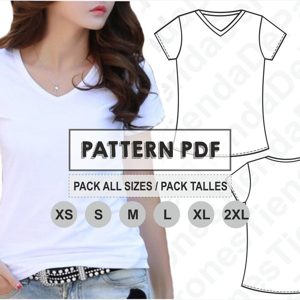 PATTERN T-shirt con scollo a V da donna, cartamodello, digitale stampabile, modello PDF, confezione di tutte le taglie dalla XS alla 2XL. Spedizione gratuita.