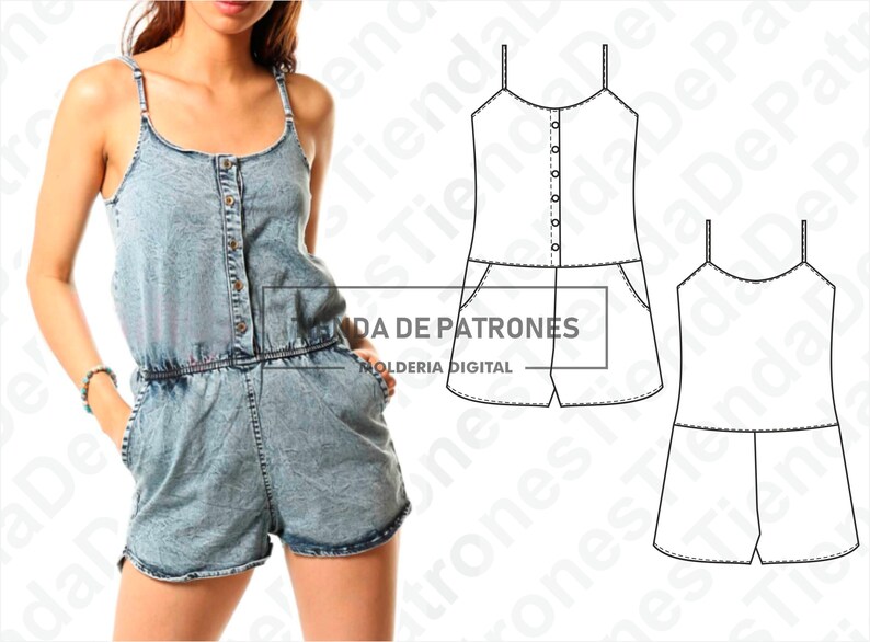K&ouml;nnte beinhalten: Ein Jeans-Jumpsuit mit Knopfleiste vorne und verstellbaren Tr&auml;gern. Der Jumpsuit hat eine lockere Passform und wird an einem Model mit den H&auml;nden in den Taschen gezeigt. Das Bild zeigt auch eine Strichzeichnung des Jumpsuits.